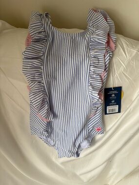 Ruffle Butts Blue and White Striped One-Piece Swimsuit with Pink Ruffles